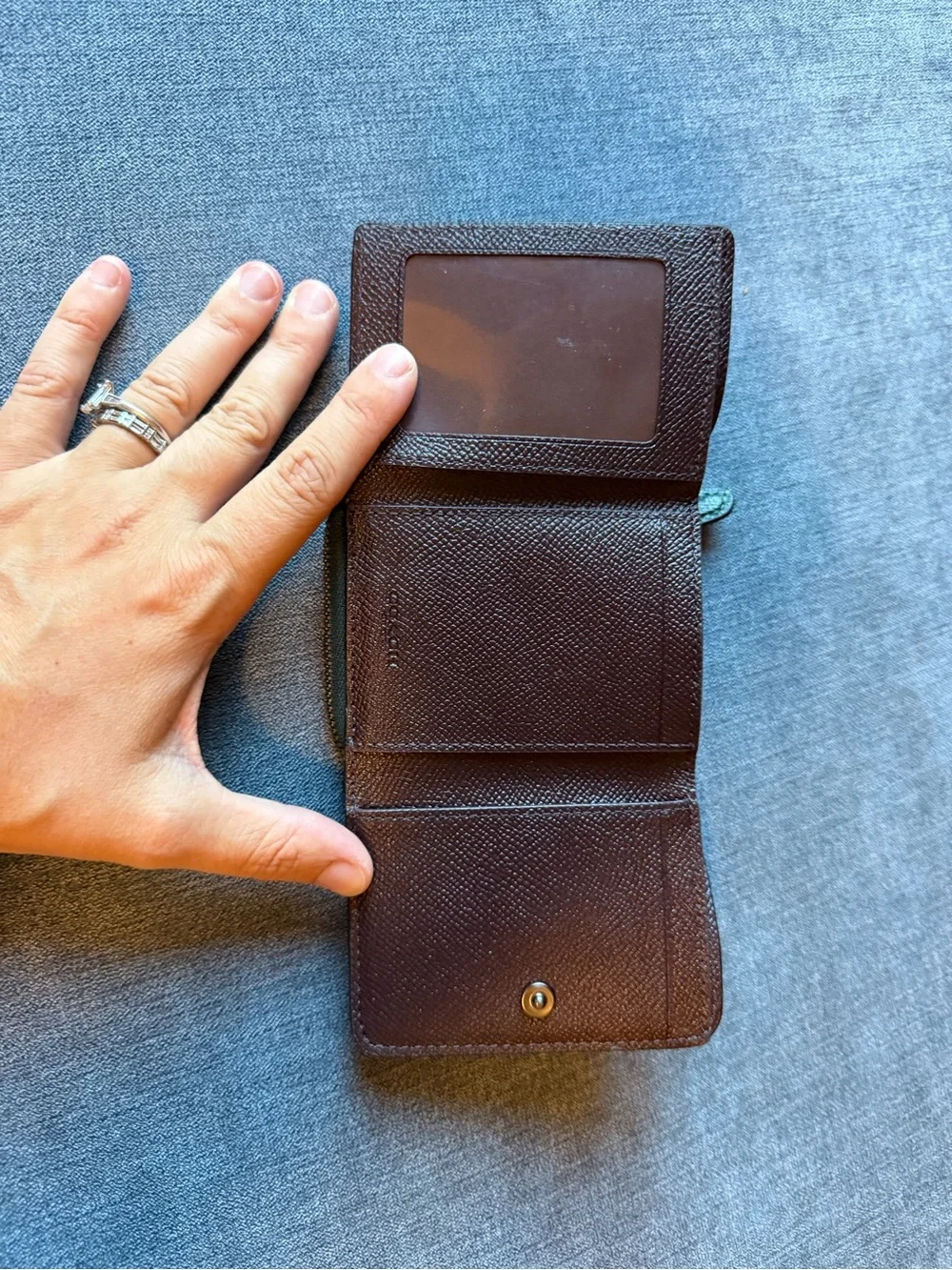Dark Green Coach Crossgrain Leather Small Trifold Wallet